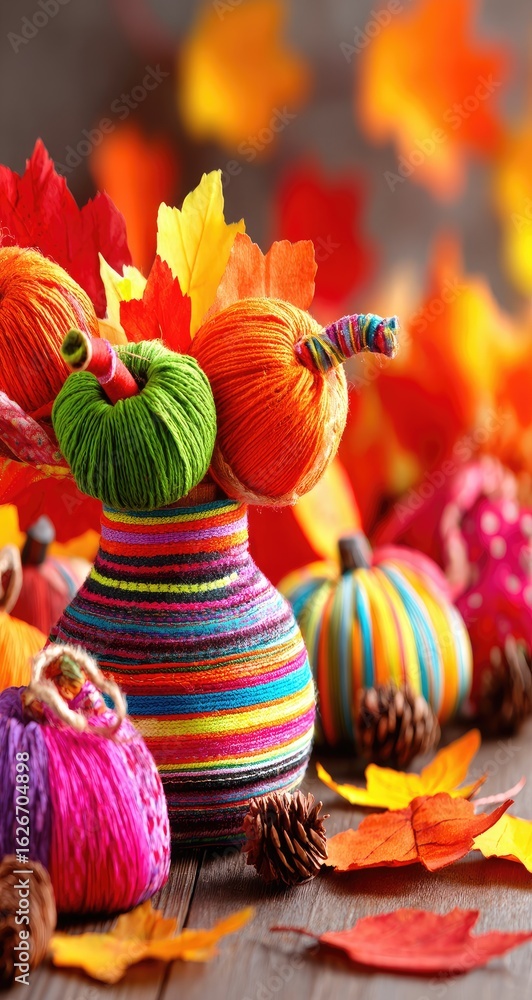 Naklejka premium Colorful yarn pumpkins and leaves in a striped vase. Autumnal decor on a wooden surface