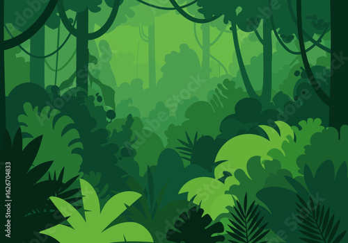 Lush Green Jungle Illustration with Dense Vegetation and Tropical Foliage