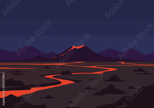 Volcanic Landscape with Flowing Lava River at Night