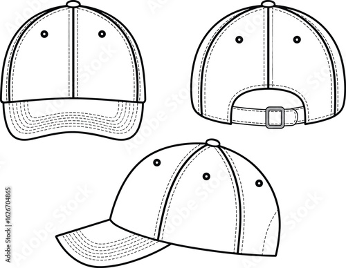 Baseball cap fashion flat sketch, front back side views, technical drawing, adjustable strap hat design, vector headwear illustration template