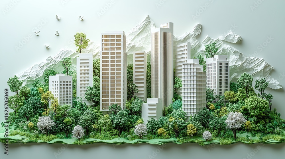 Fototapeta premium Green urban landscape featuring white model buildings surrounded by lush trees and rolling hills with birds flying overhead representing a sustainable eco friendly modern city environment concept