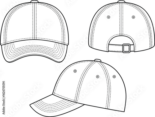 Baseball cap fashion flat sketch, front back side views, technical drawing, adjustable strap hat design, vector headwear illustration template