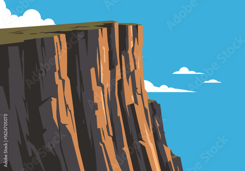 Illustrated Cliffside Landscape with Blue Sky and Clouds