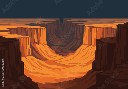 Grand Canyon Landscape Illustration with Orange Cliffs and Dark Sky