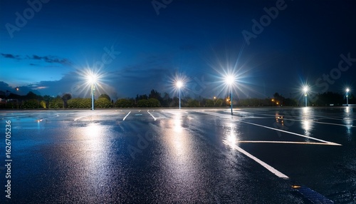 empty parking lot at night with bright lights reflecting on wet asphalt