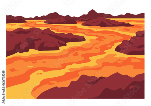 Volcanic Landscape with Flowing Lava and Rocky Formations Illustration