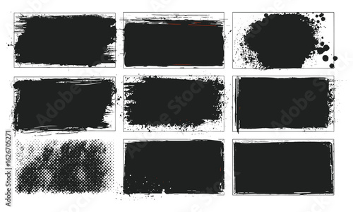 Torn retro paint brush stroke frame with distressed grunge overlay, dusty halftone texture, watercolor splash, damaged photo cover, vintage collage pattern, artistic ink splash, dirt grain