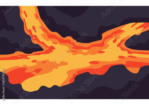 Flowing Molten Lava Stream in a Volcanic Landscape Illustration