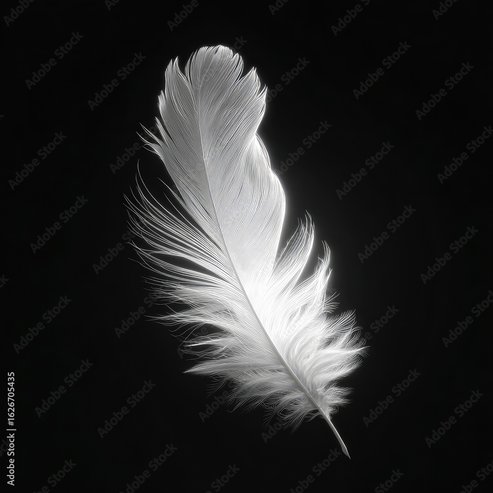 Obraz premium Single white feather, softly lit, against black