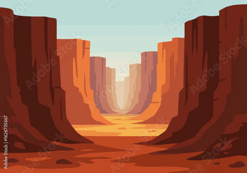 Cartoon Grand Canyon Landscape with Red Rock Formations and Desert Floor