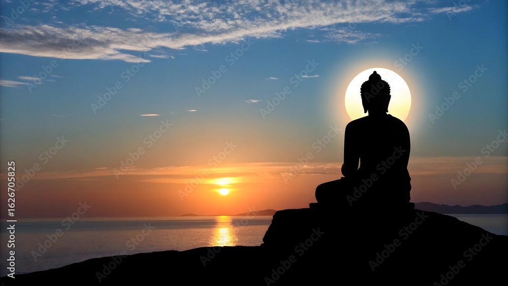 Silhouette of buddha meditating against a vibrant sunset over the ocean Silhouette of buddha meditating against a vibrant sunset over the ocean