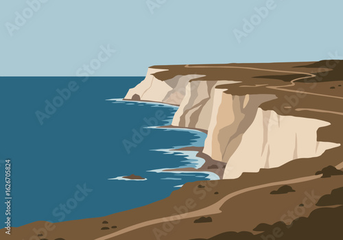 Coastal Cliffs with Winding Path and Blue Ocean View