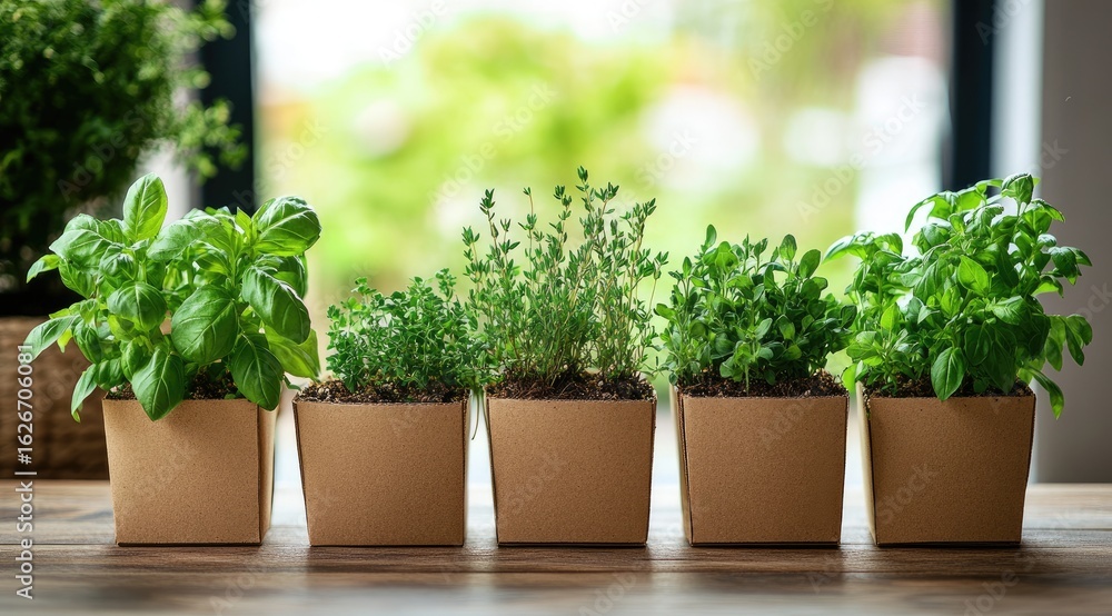 Fototapeta premium Four small potted herbs in a row on a wooden table
