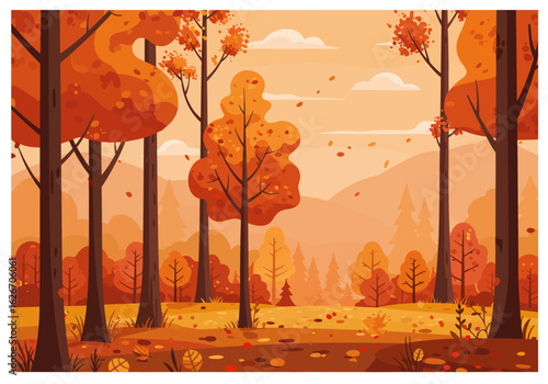 Autumnal Forest Landscape with Falling Leaves and Warm Colors