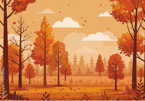 Autumnal Forest Landscape with Falling Leaves and Warm Colors