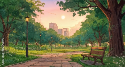 City Park in the Late Afternoon, Anime Background Illustration