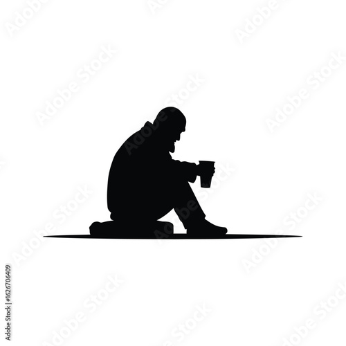 Silhouette of a Homeless Man Sitting and Holding a Cup Begging for Money