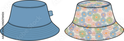Bucket hat fashion flat sketch, reversible hat with floral print, technical drawing, vector design, stylish summer accessory illustration