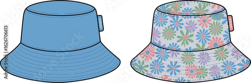 Bucket hat fashion flat sketch, reversible hat with floral print, technical drawing, vector design, stylish summer accessory illustration