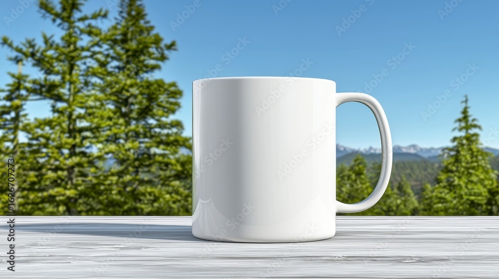 Obraz premium White Coffee Mug on Wooden Table with Mountain View