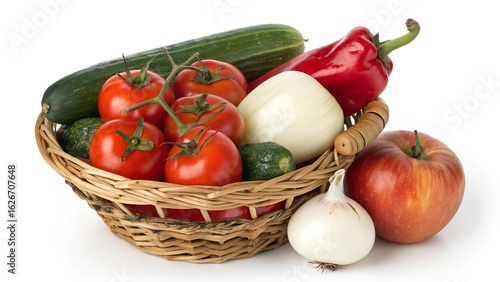  vegetables basket food vegetable tomatoes healthy isolated red pepper fruit vegetarian fresh diet organic agriculture white cucumber raw salad market apple ripe onion.
