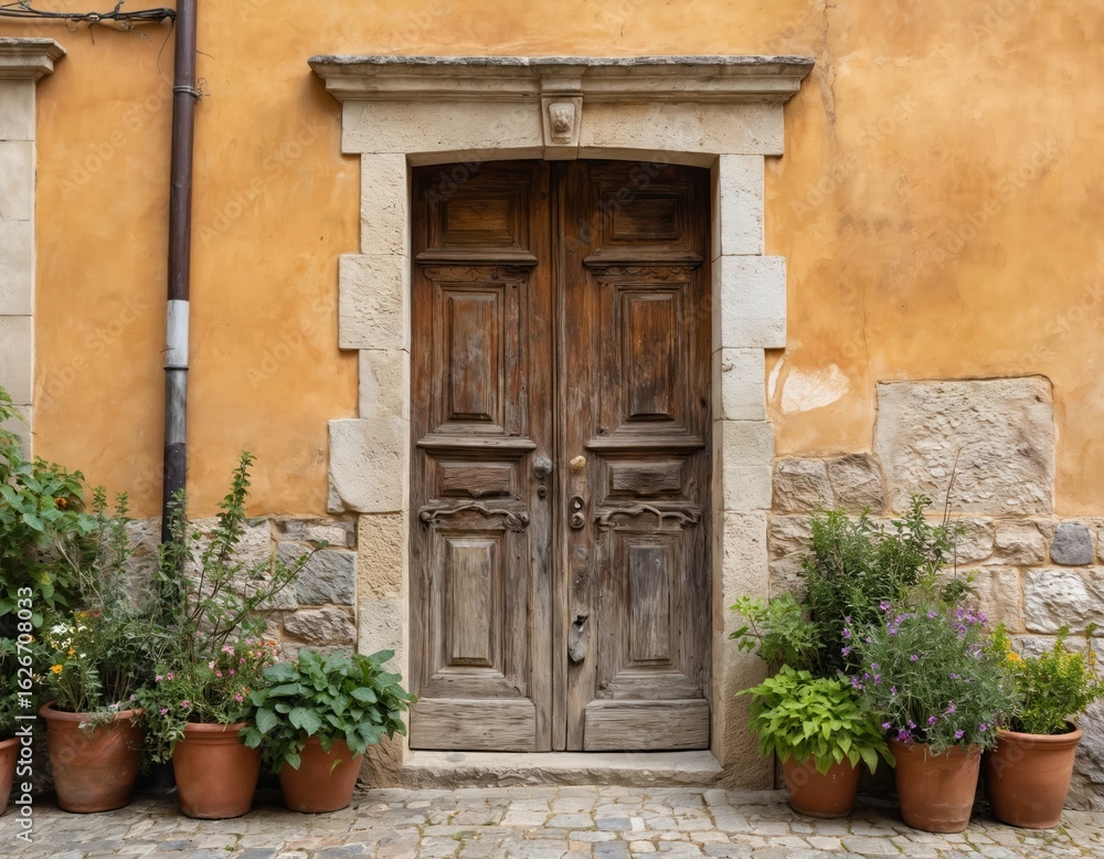 Fototapeta premium Rustic wooden double door in old Italian town, framed by colorful potted flowers, plants. Weathered entryway features intricate carvings set against textured orange wall, stone accents. Potted green