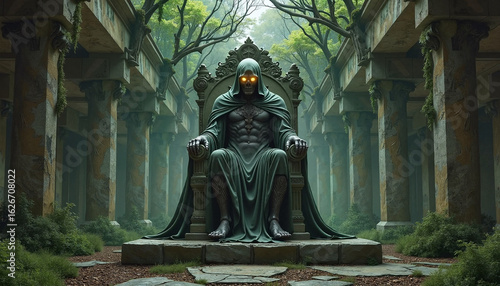 Powerful Dark Figure Seated on an Ornate Throne in a Misty Forest Colonade