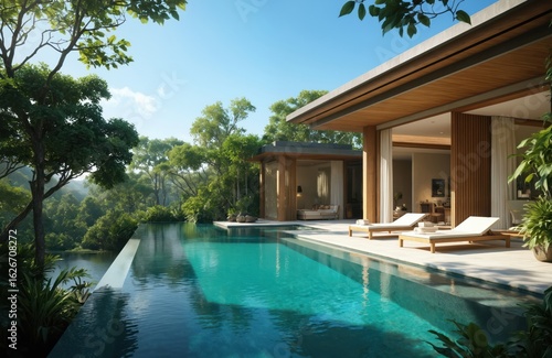 Wallpaper Mural Luxurious tropical jungle villa resort features infinity swimming pool overlooking plants. Modern architecture with wood accents, open-plan living spaces offers ultimate relaxation. Two sun loungers Torontodigital.ca