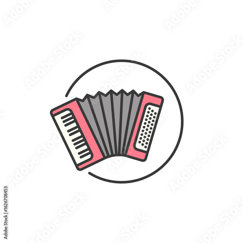 Accordion keyboard emblem featuring dual tonal sections, keys, and buttons, encircled in symmetry, ideal for folk, classical, or ensemble-themed music branding