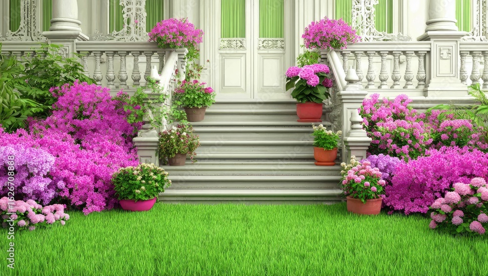 Fototapeta premium Ornate porch with vibrant floral displays