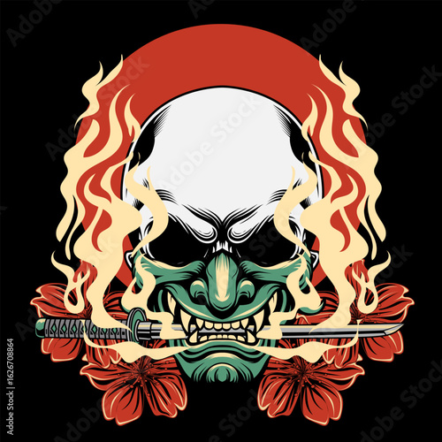 Detailed Illustration of Samurai Skull with Mask and Katana Weapon