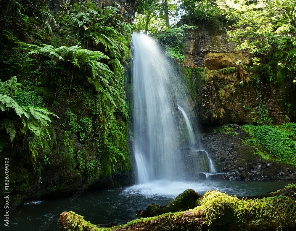 Naklejka premium waterfall cascading down rocky cliff surrounded by dense foliage of ferns and moss