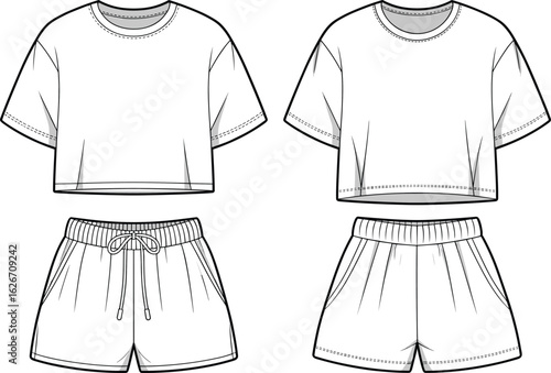 Women’s lounge set fashion flat sketch, crop top with drawstring shorts, front and back view, casualwear vector template