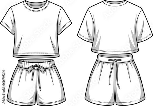 Women’s lounge set fashion flat sketch, crop top with drawstring shorts, front and back view, casualwear vector template