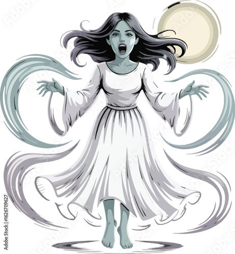 La Llorona Vector Art with Moonlit Background and Flowing Hair
