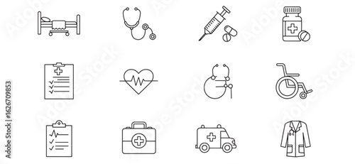 Set of black and white medical icons representing healthcare and treatment