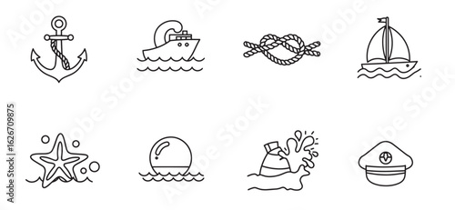 Set of nautical illustrations featuring anchor boat starfish and marine themed elements