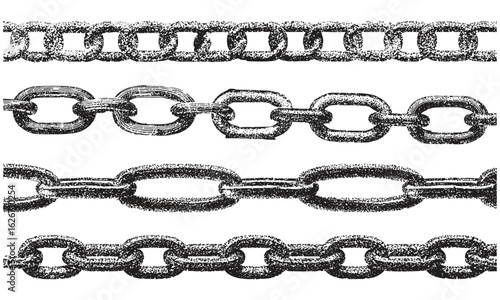 Retro style distressed metal chains set with gritty photocopy effect. Black and white monochrome vector illustration with stippled grain texture, trendy grunge design isolated