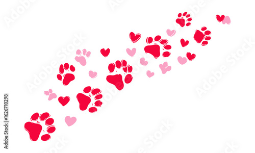 Heart-shaped dog paw print with puppy and cat footprint trails. Colorful Valentine’s greeting card with love symbols, cute pet prints, romantic wildlife vector design, abstract animal pattern