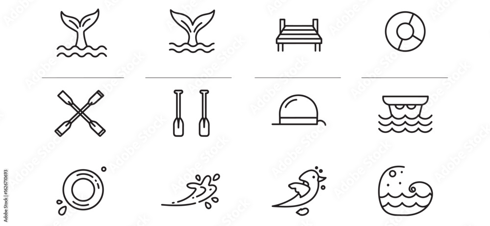Fototapeta premium Simple line art icons depicting water activities and summer recreation elements