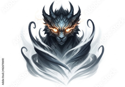 Mystical Beast with Glowing Eyes Emerging from Shadow Mist Fantasy Illustration