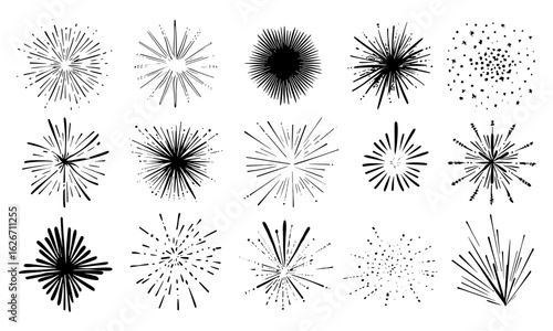 Hand-drawn doodle sparkle vector set with sunburst rays, starburst outline elements, black line decorative retro style illustration for backgrounds, graphic design, web art, vintage emblem
