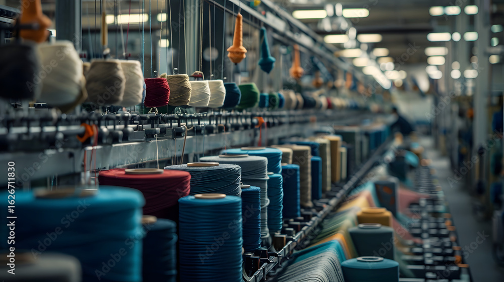 Fototapeta premium Industrial View of a Textile Factory with Rows of Colorful Thread Spools.