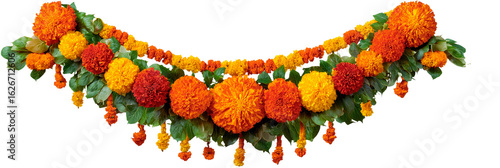 Vibrant marigold flower garland decoration isolated on transparent background