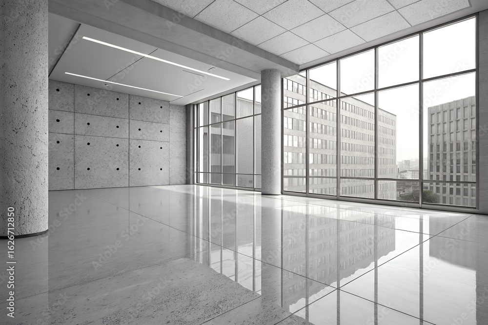 Fototapeta premium Modern empty commercial office space with polished concrete floors and large windows overlooking city buildings