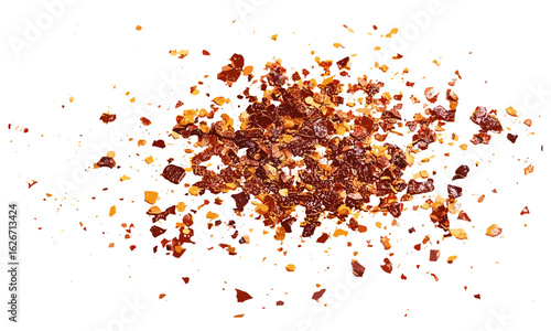 Hot red chili pepper flakes and seeds heap isolated on white, dried cayenne chili powder, organic spice ingredient, culinary herb seasoning, paprika, cooking flavor