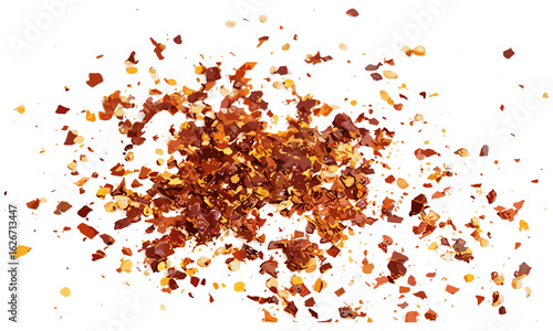 Red chili pepper flakes and crushed seeds on white background, dried hot spice heap, paprika, cayenne, organic cooking ingredient, herbal seasoning, natural chili powder