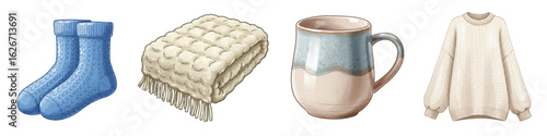 Set of cozy items including blue socks, blanket, mug, and sweater  