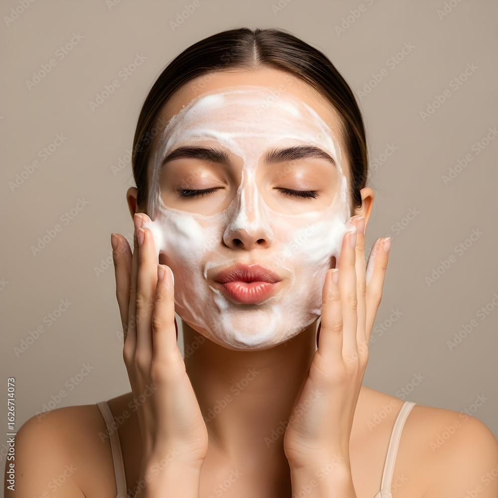 Fototapeta premium Radiant Skin Cleansing Facial Wash Beauty Skincare Routine Woman Face Cream