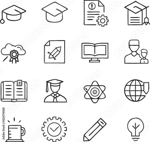 Collection of Education and Learning Icons Featuring Graduation Caps Books Pencils and Scientific Symbols in Line Art Style